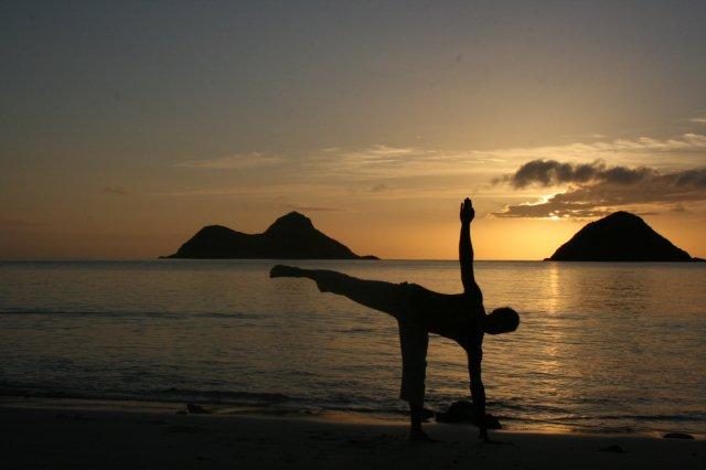 Half moon pose at sunrise, Lanikai
